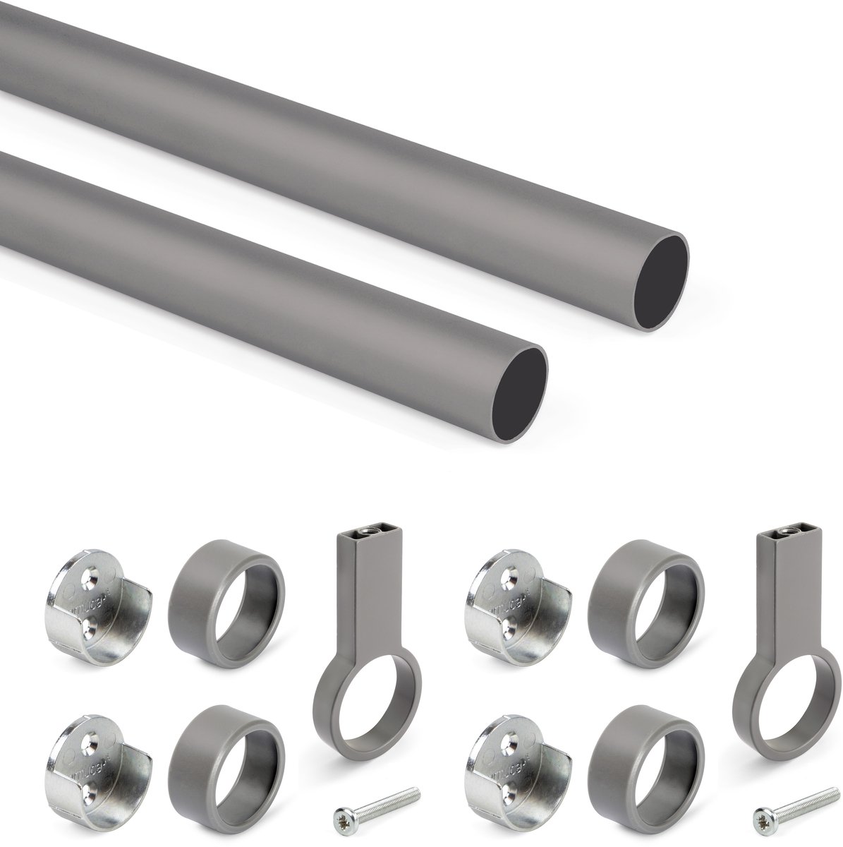 Emuca Lot van 2 ronde kastrails D.28mm lengte 0.75m met beugels, Aluminium en Zamak, Titanium