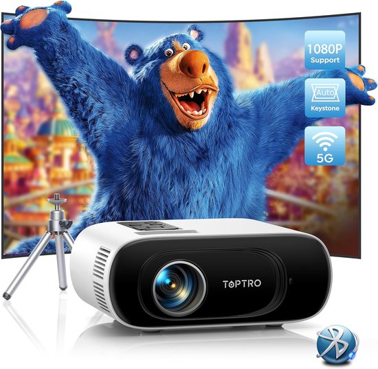 Full HD 1080p projector 15000 lumen, 4K compatibel, Bluetooth WiFi, HDMI USB, compact draagbaar voor films en games