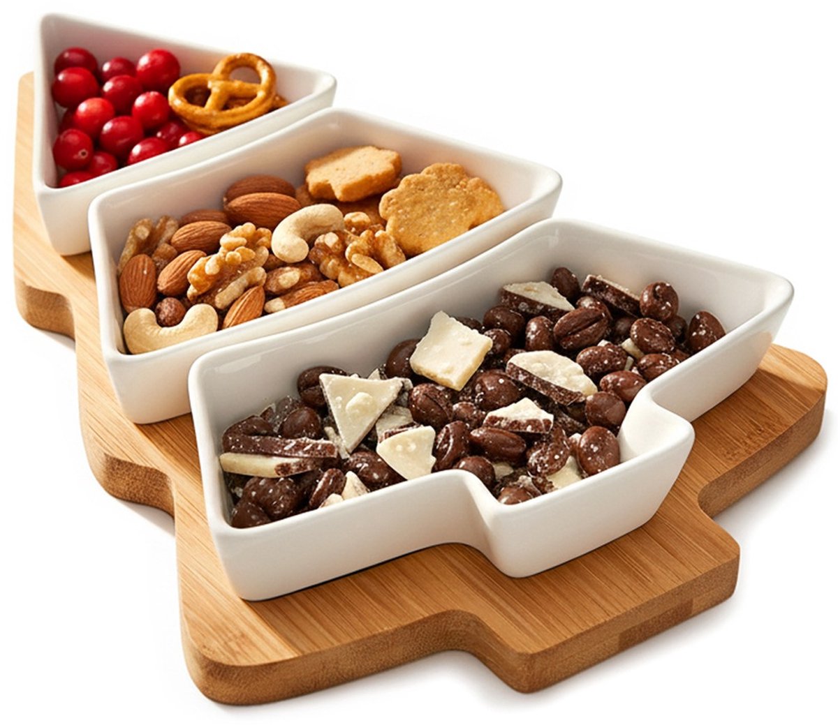 Excellent Houseware Serviesset - Porseleinen Snackkommetjes - Bamboetray - Kerstboomvorm