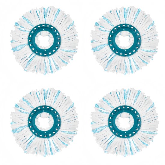 Quatre têtes de balai en microfibre blanches avec des accents bleus et un anneau bleu.