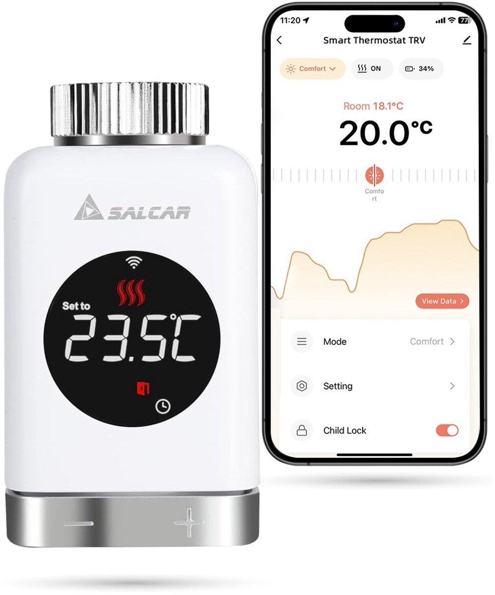 SALCAR Radiatorthermostaat TRV801W - Slim LCD WiFi Thermostaat - Compatibel met Amazon Alexa & Google Home - Tuya Smart - Geen Gateway Nodig