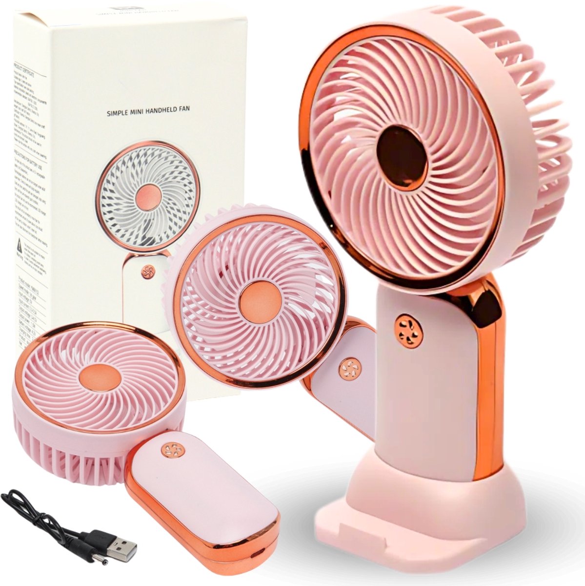 Sandos - Draagbare USB Ventilator - Roze Goud - Capaciteit 1.5W - Met Telefoonhouder