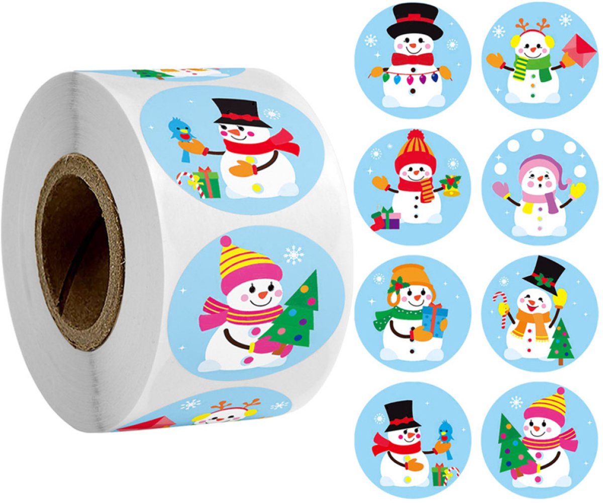 QTTVBTNA - 1 Rol Kerststickers 500 Stuks - Kerstman & Sneeuwpop Ronde Zelfklevende Stickers - Kleurrijke Stickers voor Cadeaus & Knutselen - Feestelijke Decoratie voor Sinterklaas en Kerstfeest