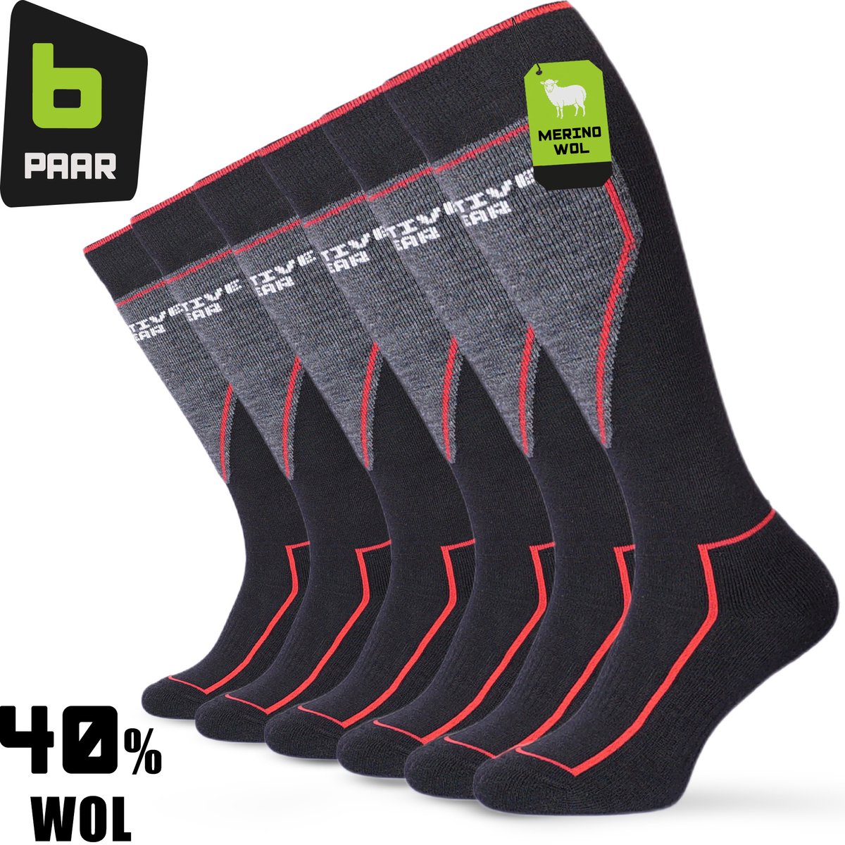 Premium Skisokken Dames & Kind Merino Wol 6-paar Thermo Skisokken Wintersportsokken – 94Activewear Zwart