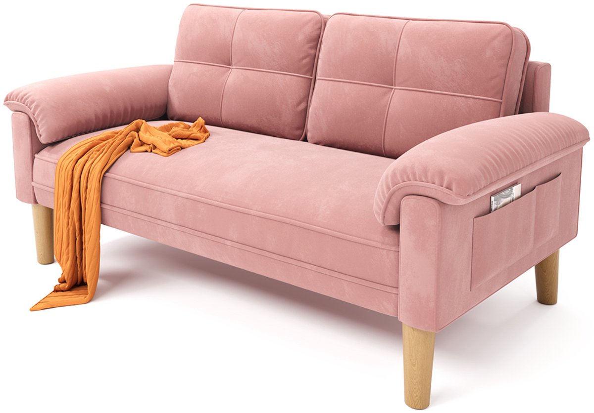 Xbro Zitbank met Armleuningen en Zijvakjes - Zitbank 2 zits - Kleine Stoffen Bank - Voor Woonkamer, Appartement, Kantoor - 145 x 77 x 77 cm - Roze