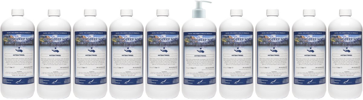 Handzeep No Scent No Colour 1 liter - set van 10 stuks - met gratis pomp - Voordeelverpakking