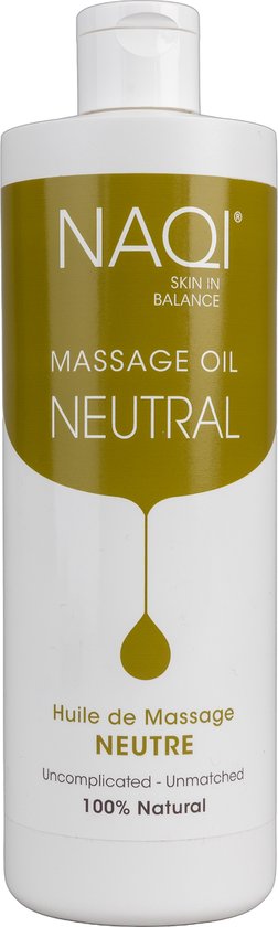 Bouteille NAQI Massage Oil Neutral avec logo goutte dorée.