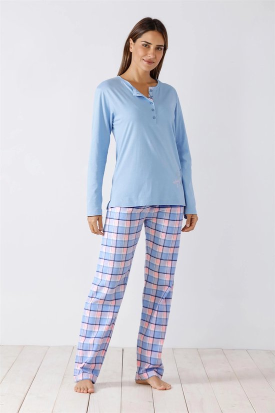 Hajo - Dames Pyjama - 100% Katoen - Flanellen broek- Blauw - Maat 48/50