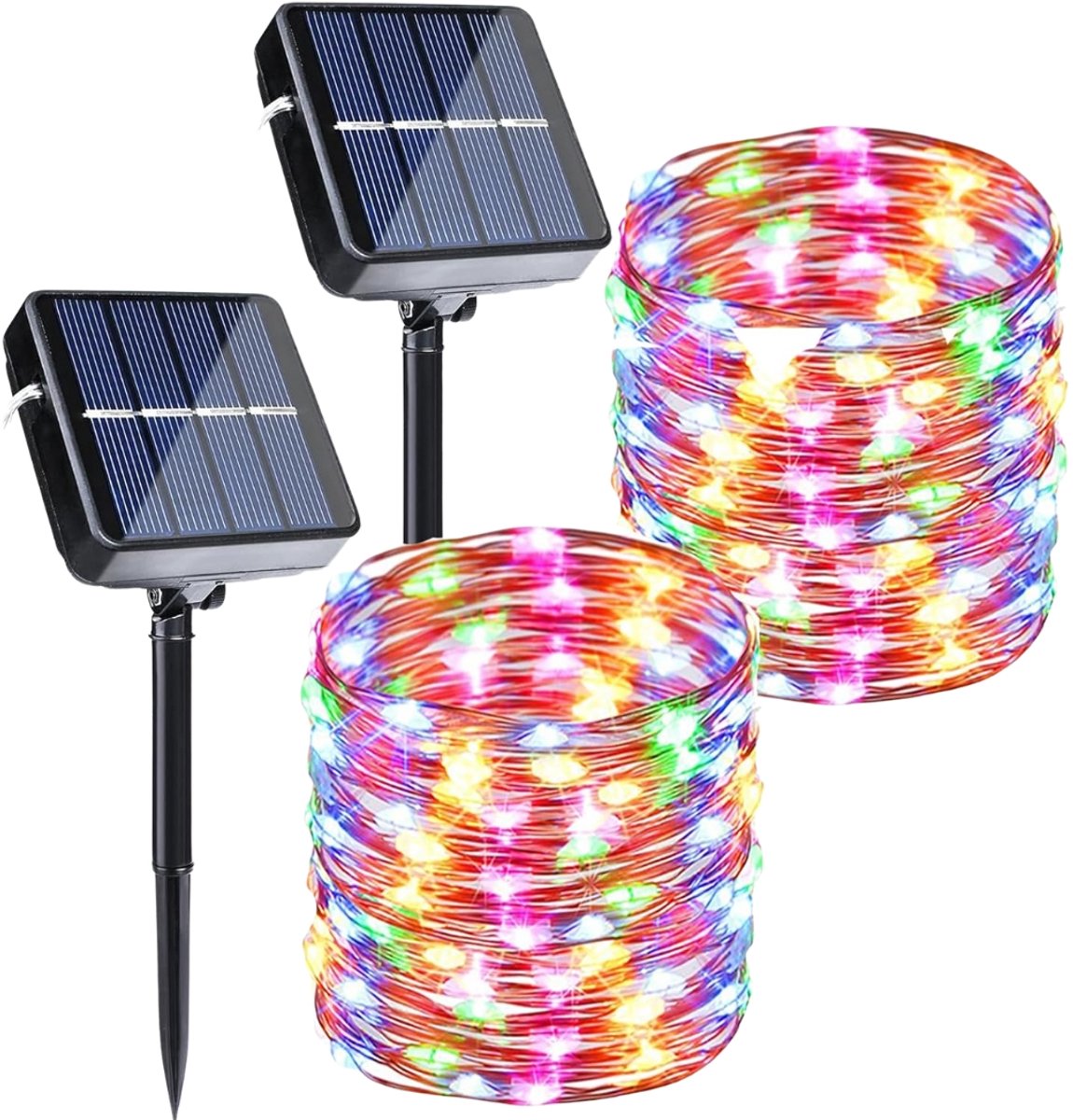 kerstverlichting buiten met zonnepaneel – 2 draadlampje van 12 meter – 8 lichtstanden – Tuin- & feestverlichting – Waterdicht IP65 - RGB
