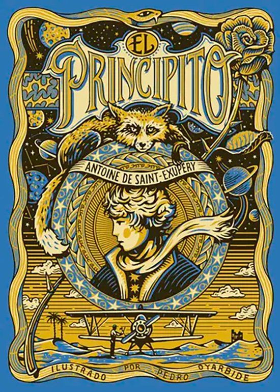 De cover van 'El Principito' toont een gedetailleerde illustratie met de vos, de kleine prins, een vliegtuig en sterren.
