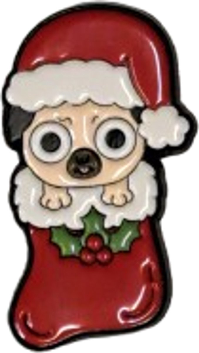Pin Broche - hond pug in kerstsok - Kledingspeld - kerstmis - Speldje voor rugzak of kleding - Kleine cadeautjes - enamel pin - Grappige badge - 1 stuk