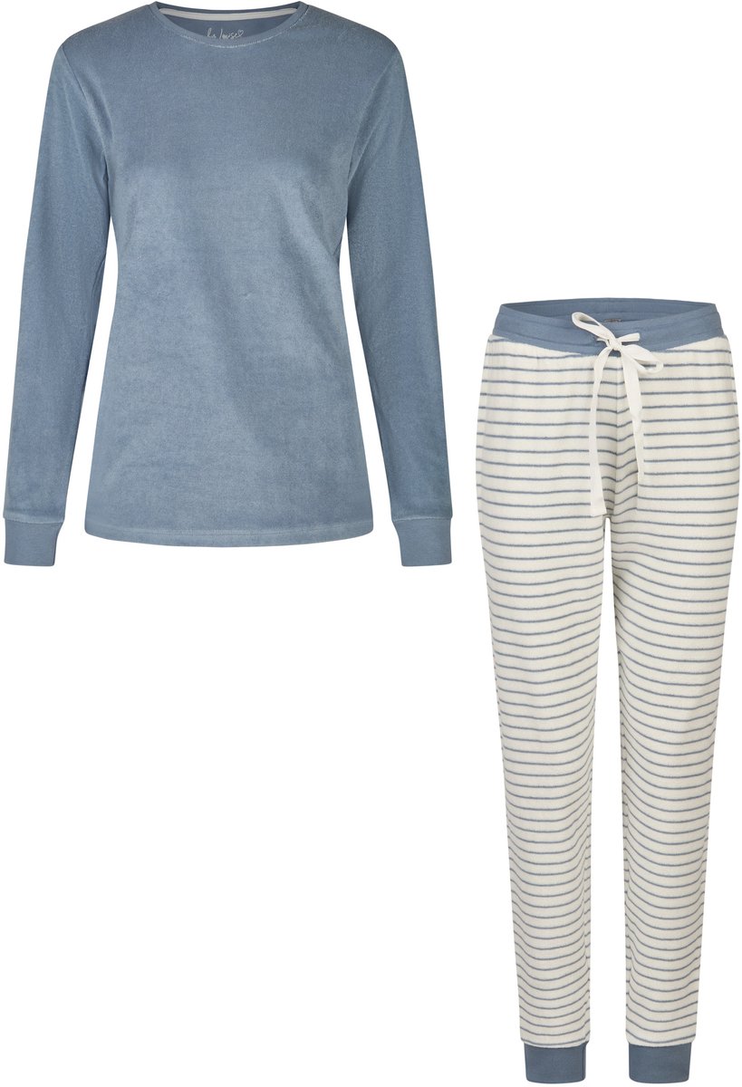 By Louise Dames Winter Pyjama Set Lang Badstof Blauw/Wit Gestreept