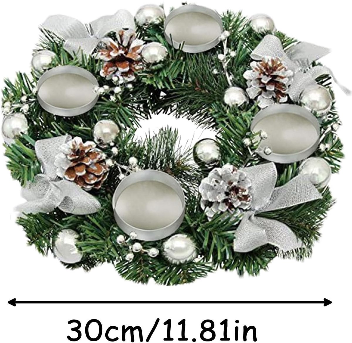 Kerstkrans - 30*30 cm - Adventkrans - Kerstlintkandelaar - Tafeldecoratie - Wordt geleverd met 4 metalen ringbekers - Versierd met dennenappels - Kerstdecoratie - Feestdecoratie - Geschikt voor tafels, feesten, kerken en Kerstmis - Zilver – foto 5