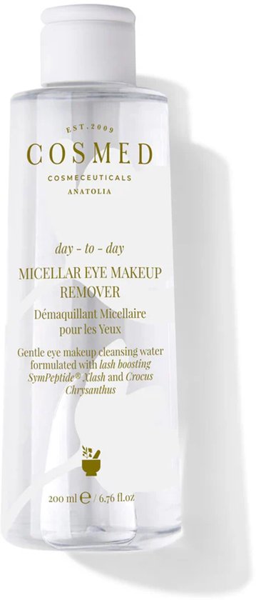 Fles Cosmed micellaire oogmake-up remover met gouden opdruk 'day - to - day' en een subtiele bloemenprint. Geschikt voor contactlensdragers.