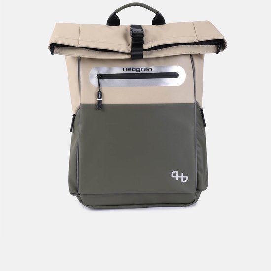 Olijfgroene en beige rugzak met oprolsluiting, zilverkleurig ritsvak "Hedgren" en logo.