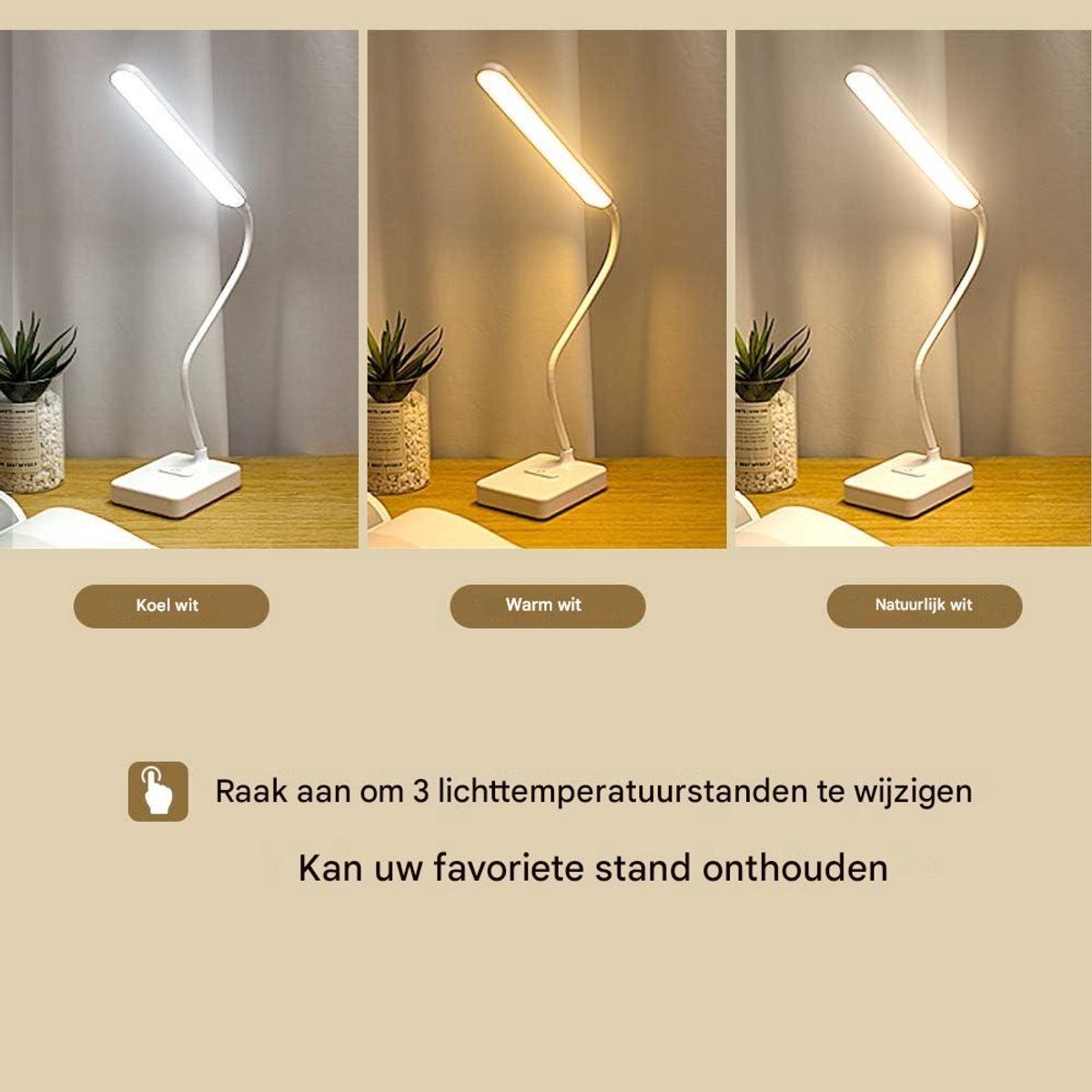 Gsedaox-Bureaulamp-LED-USB Oplaadbaar - Flexibel & Verstelbaar - Dimbaar met 3 Kleuren & 5 Lichtstanden - Voor Boek, Bed, Bureau-wit thumbnail 4