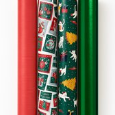 Cadeaupapier - Merry Mix - (4 STUKS) – 200×70 cm – Rood, Goud, Kinderkerst & Collage Print - Inpakpapier - Kerst - Vrolijk - Luxe Cadeaupapier