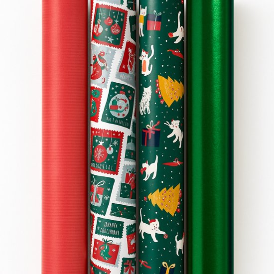 Cadeaupapier Set 4 Rollen - 200 x 70 cm per Rol - Luxe Blauw & Groene