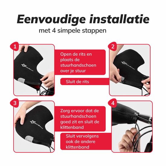 Stappenplan voor het installeren van zwarte stuurhandschoenen.