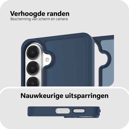 Donkerblauw telefoonhoesje met verhoogde randen voor scherm en camera. Nauwkeurige uitsparingen.