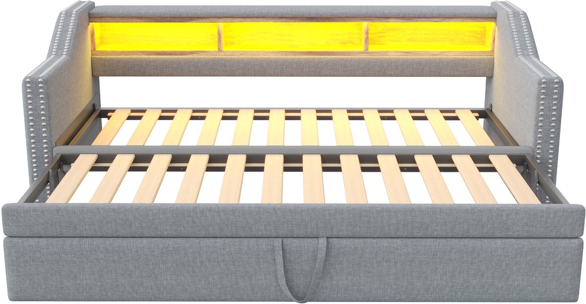 MODFU Uitklapbare slaapbank 90/180x190 cm – LED – USB – Opbergruimte – Lichtgrijs linnen