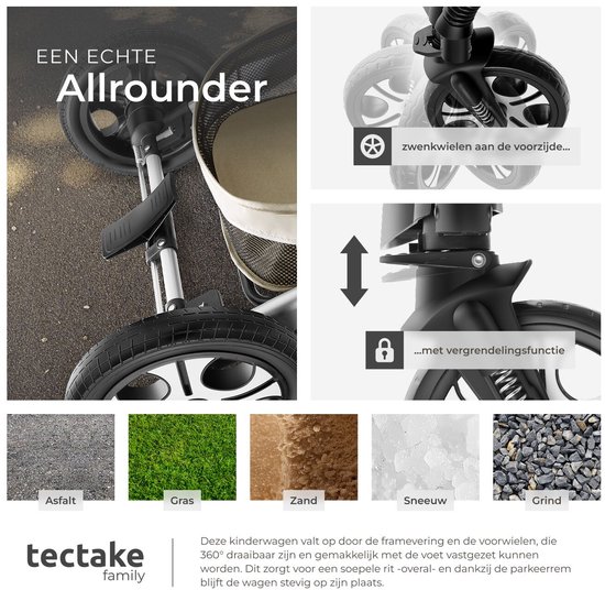 tectake® Multifunctionele Kinderwagen Mats - 2-in-1 Babywagen inclusief voetenzak, regenhoes, flessenhouder en opbergmand - Wandelwagen met 15kg draagkracht - Opvouwbaar met 5-puntsgordel - Grijs/Beige van TecTake — afbeelding 4
