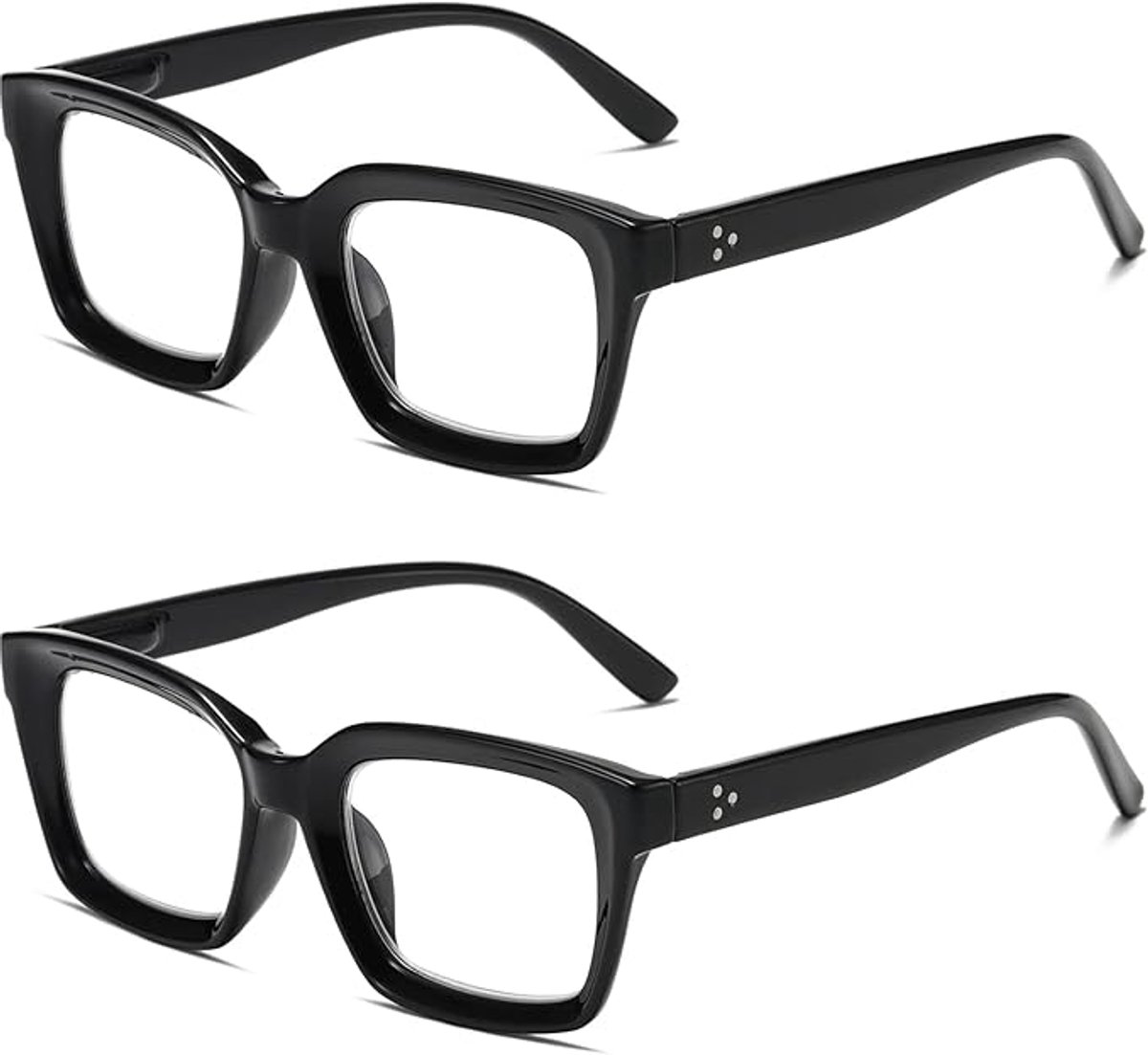 Set van twee paar leesbrillen, groot formaat, zwart, unisex, veerscharnier, voor leesondersteuning, +3.0 glazen.