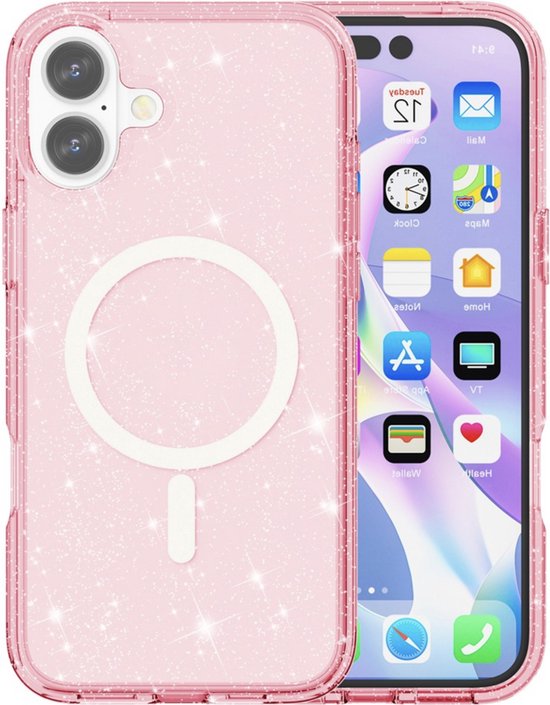 Coque de téléphone rose transparente à paillettes avec anneau MagSafe, avec un iPhone affichant son écran d'accueil.
