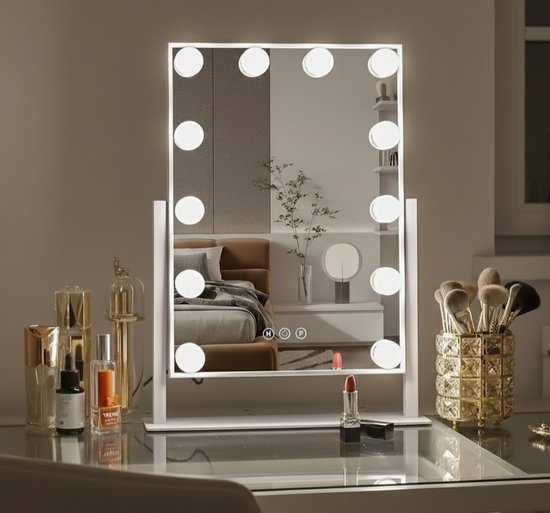Bright Beauty® Hollywood Make-up Spiegel – 30×41 cm – 360° Rotatie – Dimbaar – 3 Lichtkleuren LED – Smart Touch – Wit