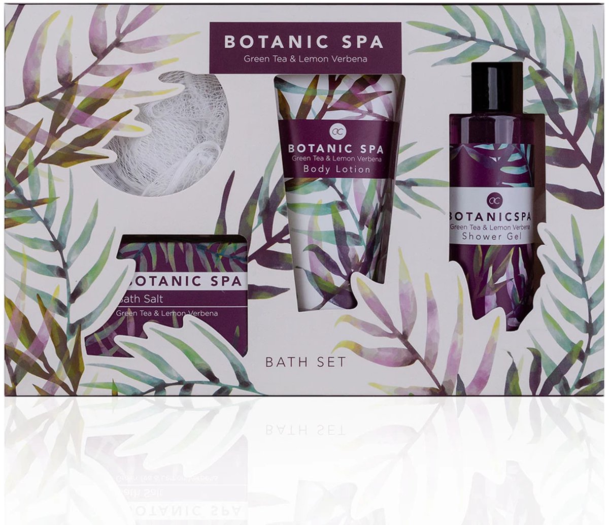 Botanic Spa Cadeauset – Luxe Wellness Badset met Massage Spons - Green Tea & Lemon Verbena – Shower Gel 150 ml, Body Lotion 90 ml & Bath Salt 70 g – Gfitset -Giftbox