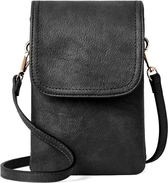Zwarte crossbody tas van vegan leer met goudkleurige hardware.