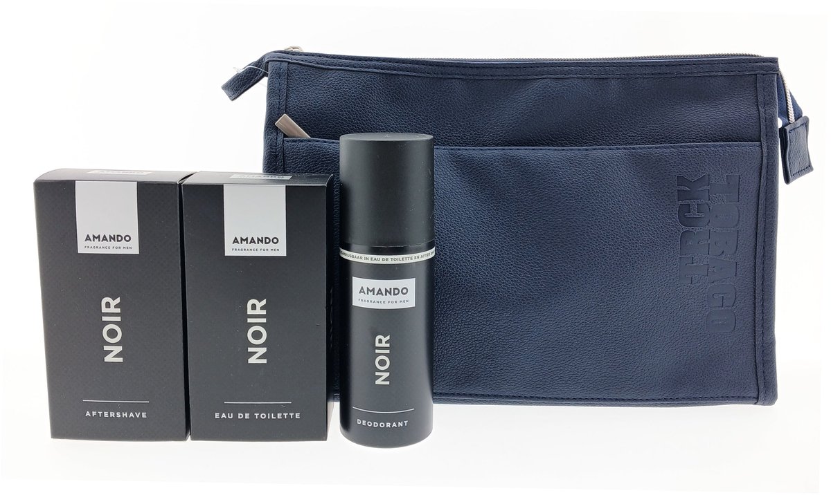 Amando Noir Heren Cadeauset – Eau de Toilette, Aftershave & Deospray met Donkerblauwe Toilettas – Verzorgingspakket voor Mannen