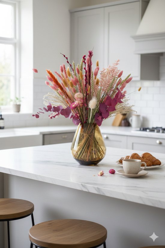 Gouden vaas met een kleurrijk boeket droogbloemen op een marmeren aanrecht, met croissants en koffie ernaast.