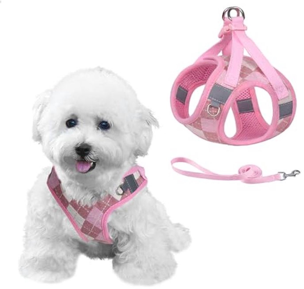 Anti-trek harnas en riem set voor kleine honden en katten - ademend, zacht en reflecterend in roze - XS