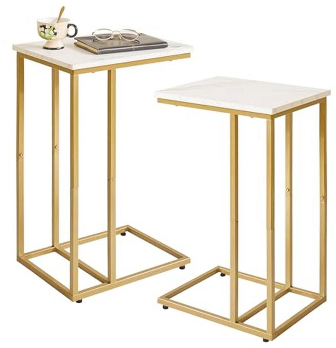C-vormige bijzettafelset voor woonkamer en slaapkamer – Kleine faux marmeren tafels in goud