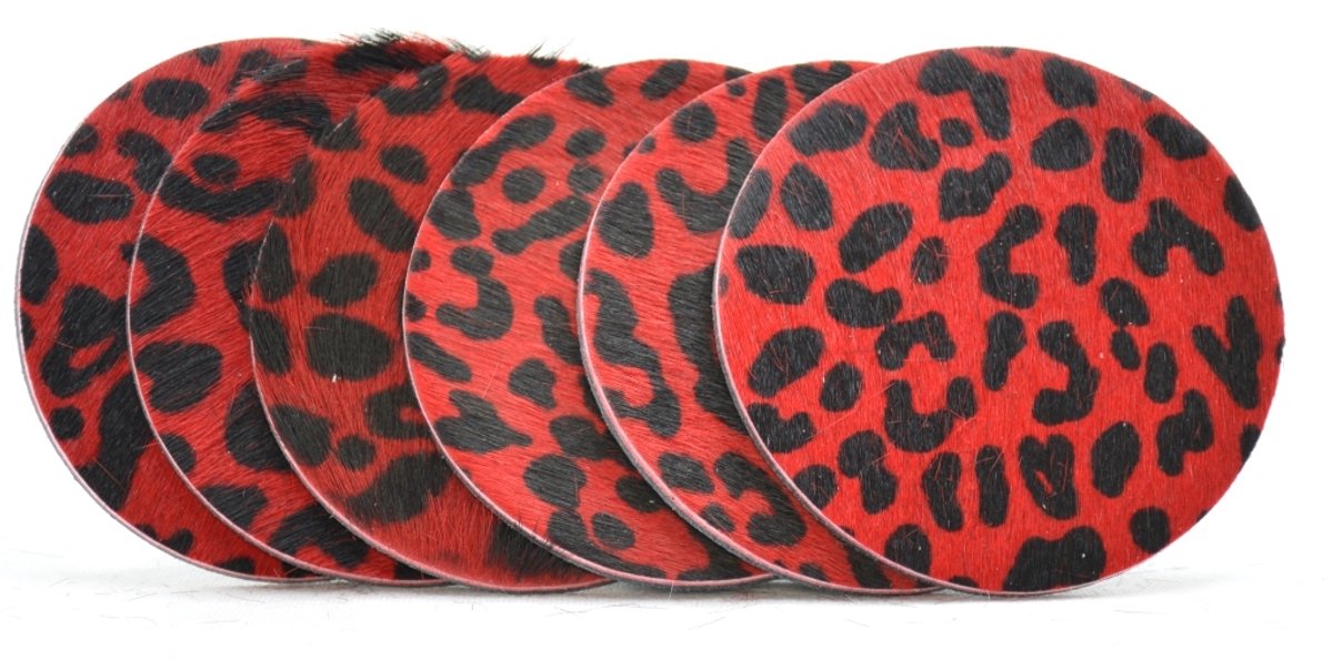 Timbelt - Onderzetters voor glazen - Leer - Panter print rood - Rond - 6 stuks - Leren onderzetters - Ronde onderzetter leer - Lederen onderzetters - Onderzetters leer