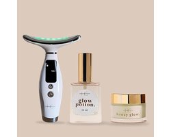 HG Aesthetics Glow & Lift Verzorgingsset Cadeau voor Vrouw – Luxe Skincare Set met LED Gezicht & Hals Massager, Ceramide Dagcrème SPF15 & Droge Olie – Anti-Aging Routine, Hydratatie & Huidversteviging