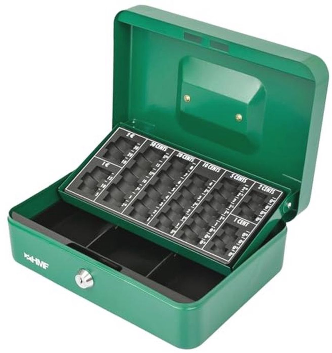 HMF Geldcassette afsluitbaar, kassa met munttelplank, 3 vakken voor bankbiljetten, 25 x 18 x 9 cm, groen