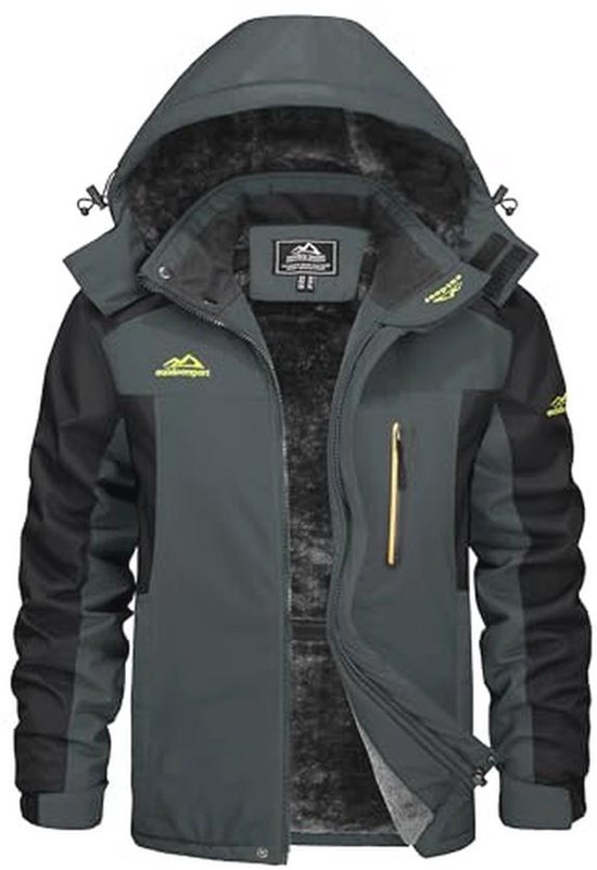 Heren winterjas, donkergroen en zwart, met opengesperde rits, fleece voering en capuchon.