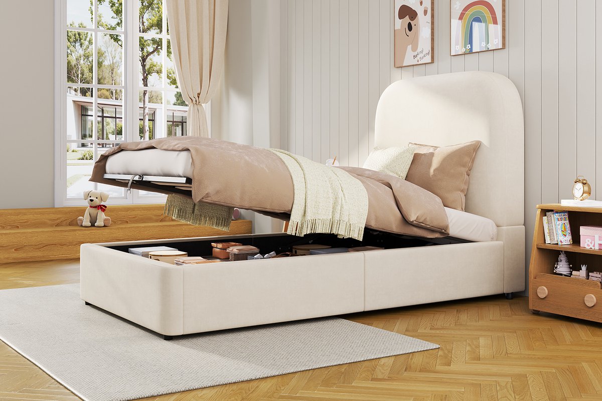 REDOM Ledikant 90x200 cm – Fluweel beige – Met hydraulische opbergruimte & gepolsterd hoofdbord – Kindvriendelijk