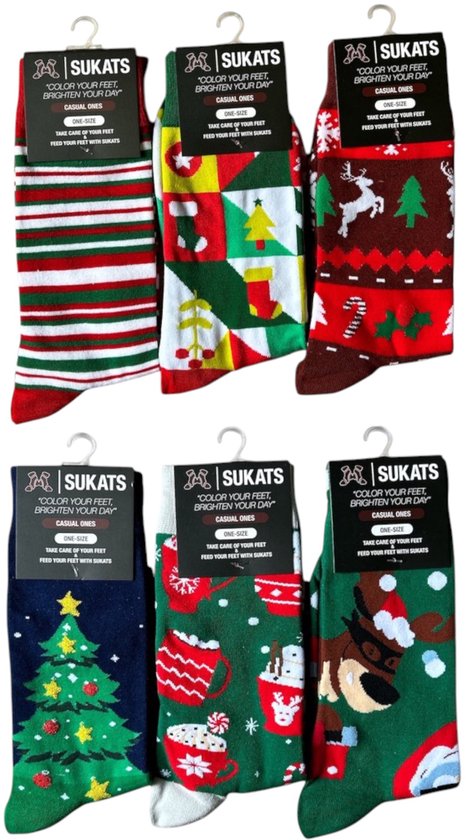 Sukats® The Casual Ones - 6 Paar - Maat 38-44 - Kerstsokken - One-Size - Dames en Herensokken - Set B - Happy Colorful Socks - Grappige Sokken - Vrolijke Sokken - Cadeausokken