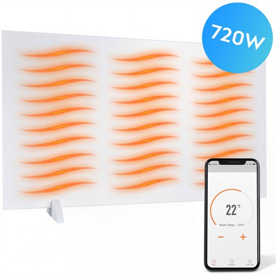 Wit infraroodpaneel met 720W en een golvend, gloeiend patroon. Smartphone app toont temperatuurinstelling van 22°C.
