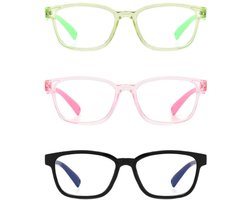 Set van 3 kinderbrillen, anti-blauwlichtbril, modieuze kinderbril, anti-vermoeidheidsbril, stralingsbeschermende bril voor leren of spelen, roze, groen, zwart