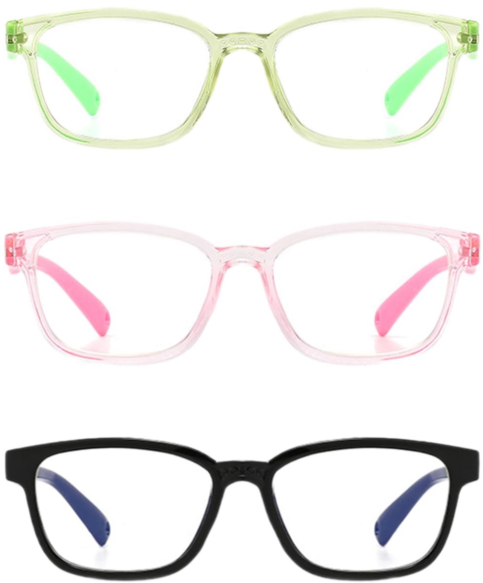 Set van 3 kinderbrillen, anti-blauwlichtbril, modieuze kinderbril, anti-vermoeidheidsbril, stralingsbeschermende bril voor leren of spelen, roze, groen, zwart