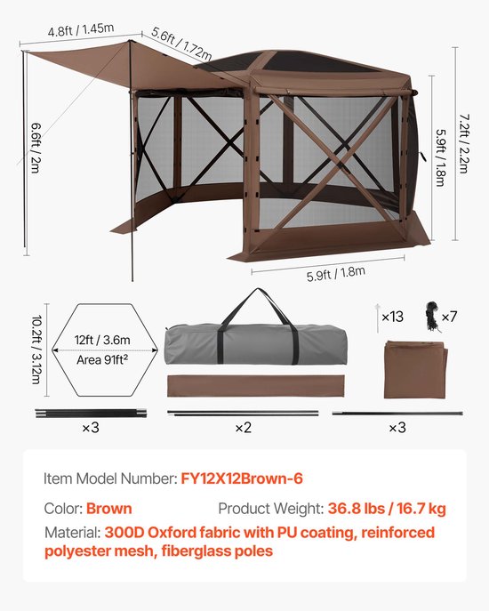 Pop-Up Gazebo Schermtent, 3.6 x 3.6 m Hexagonale Kampeer Canopy Met Losneembare Dak & Draagbare Zak, Eenvoudige Opbouw & Insectbestendig, Buiten Zonnescherm voor 8-10 Personen, Bruin van Merkloos — afbeelding 3