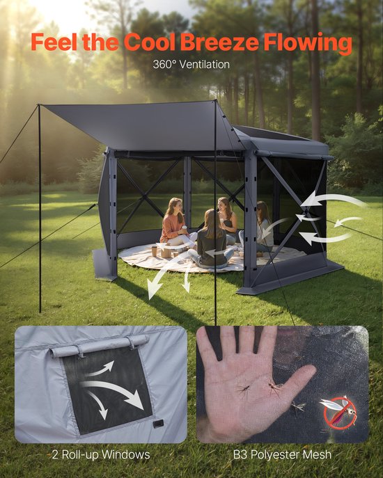 Pop-Up Gazebo Schermtent, 3.6 x 3.6 m 6-Zijdige Kampeer Canopy Met Verwijderbare Dak & Draagzak, Snelle Opbouw & Insectbestendig, Gedeckte Zonnescherm voor 8-10 Personen, Tuin Of Terras, Grijs van Merkloos — afbeelding 3