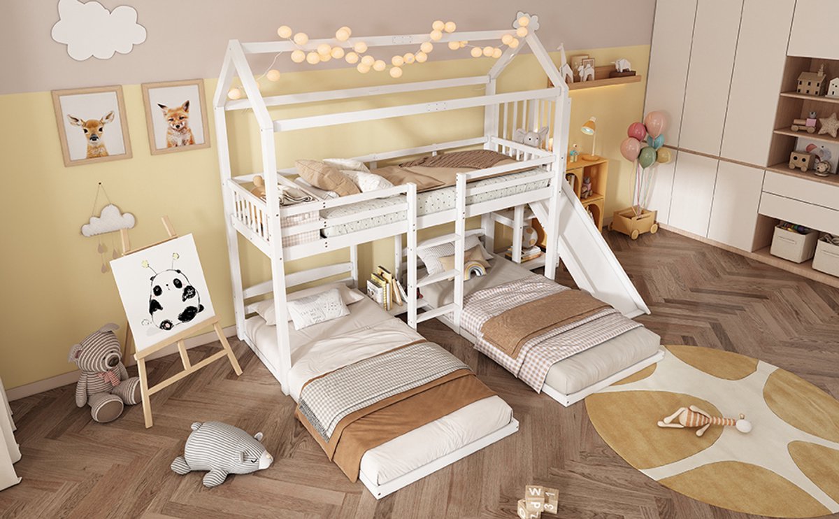 Wishdor Stapelbed 3x 90x200 cm - Glijbaan & Dak - Opbergruimte Bovenbed - Wit Hout - Ultiem Ruimtebesparend