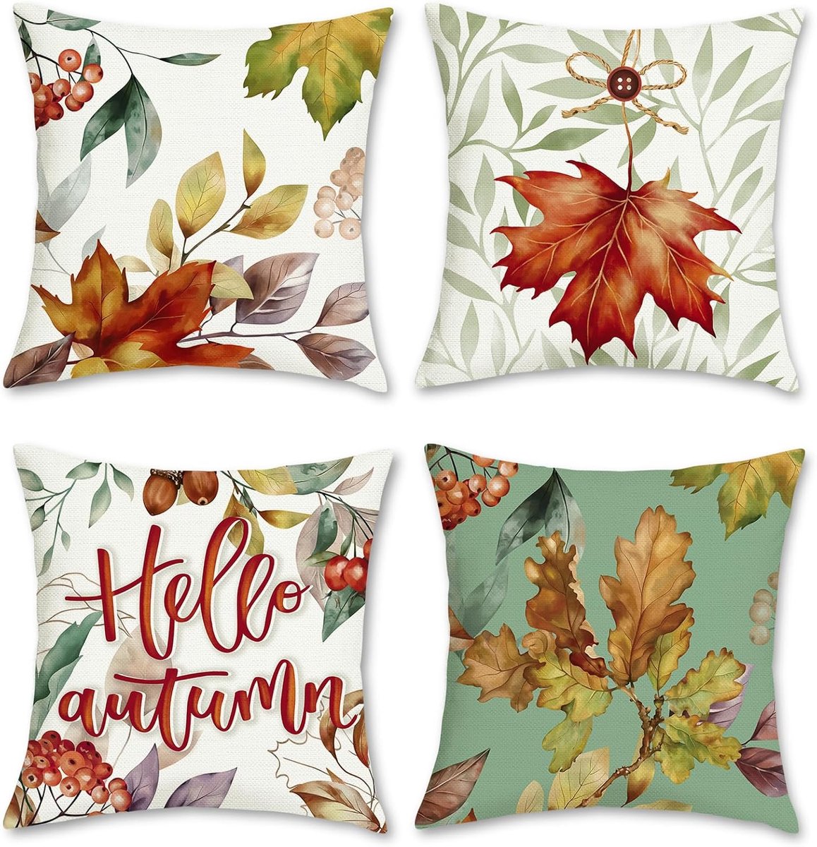 Famanu Set van 4 kussenslopen, herfstbladeren, 45 x 45 cm, polyester, linnen, decoratieve kussenovertrekken voor bank, slaapkamer, woonkamer, auto, woondecoratie Herfst Bladeren-1