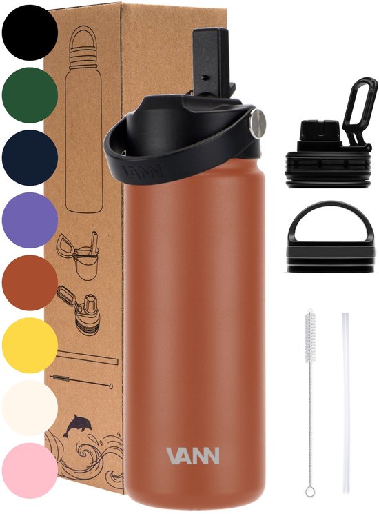 VANN® 3-Wandige RVS Waterfles 500 ML met rietje voor volwassenen – Met 5 accessoires – bidon – 24 uur koud/12 uur warm – Rood – VANN Ultimate Bottle®