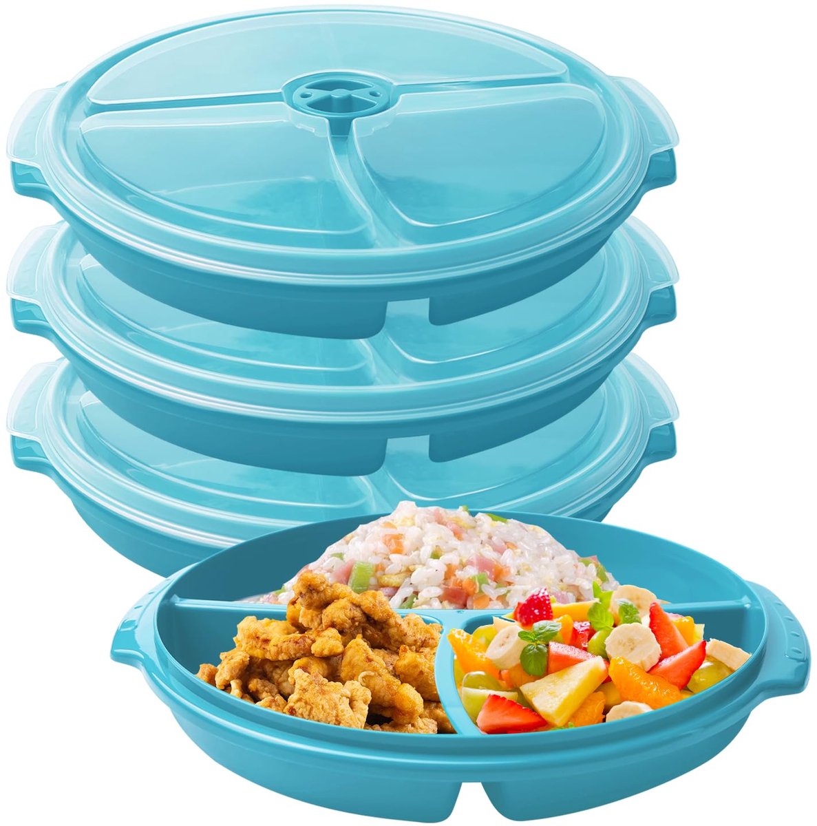 Set van 3 magnetronborden: magnetronservies met deksel, magnetronbord, BPA-vrij, herbruikbaar, magnetronbestendige vershouddoos met 3 compartimenten, deksel voor verwarmen, invriezen, blauwgroen